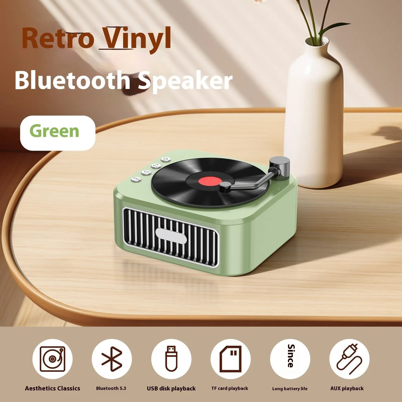 Retro jukebox Bluetooth speaker in sunset pink with USB power, voice prompts, and card insertion