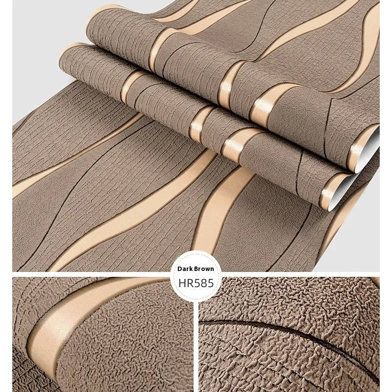 Close-up of dark brown 3D curve stripe textured wallpaper with deerskin velvet finish.