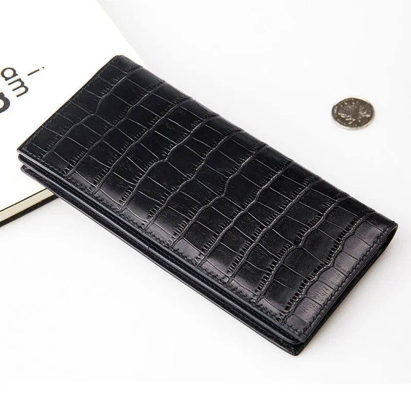 Men's long genuine leather wallet in first layer cowhide with crocodile pattern, 18.5cm, blue or black