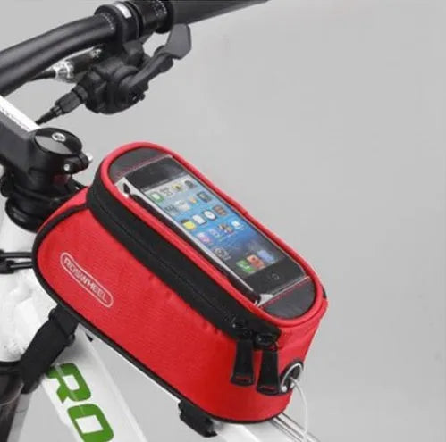 Waterproof PVC bicycle frame phone bag in black, mounted on bike with iPhone inside