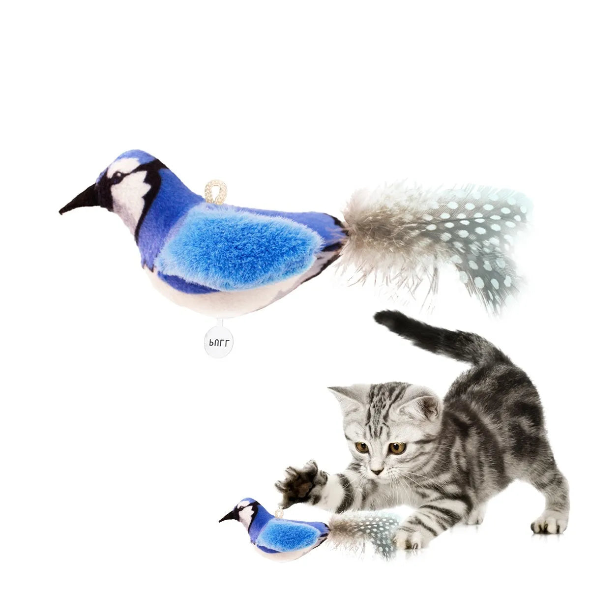 Bird simulation plush cat toy in blue kingfisher colour with realistic bird shape design