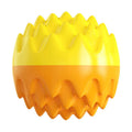 Blue and orange durable rubber squeaky dog ball with spiky dental cleaning bumps.