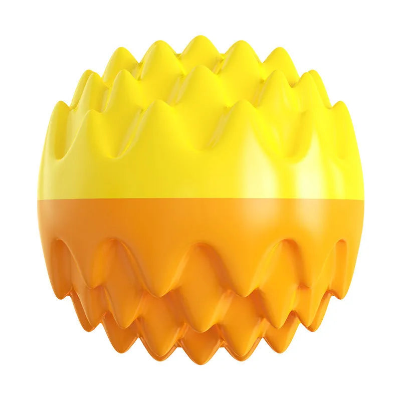 Blue and orange durable rubber squeaky dog ball with spiky dental cleaning bumps.