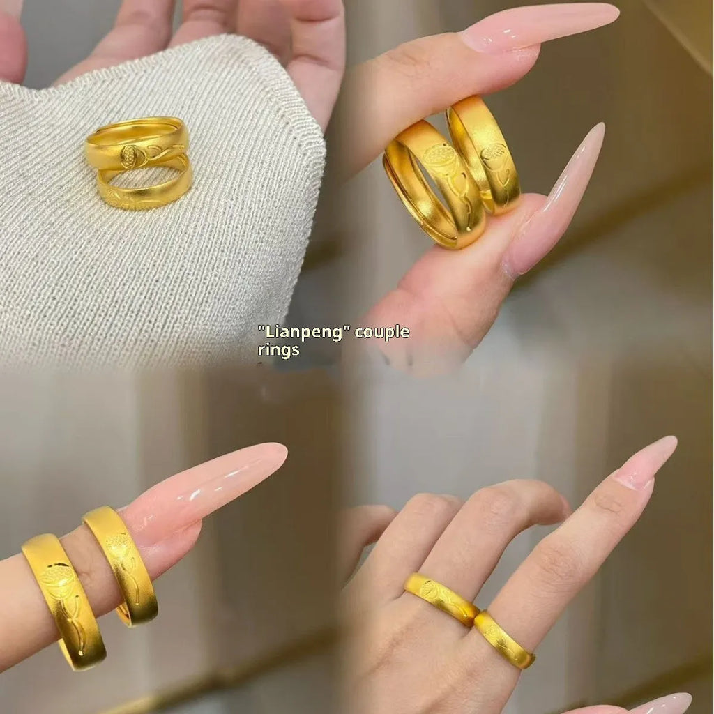 Brass Chinese lotus double happiness ring with adjustable opening in ancient couple style
