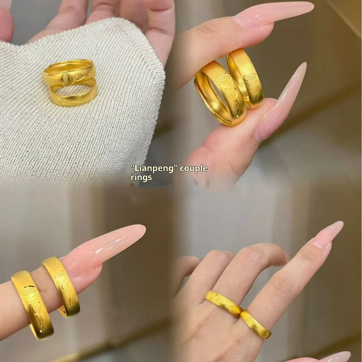 Brass Chinese lotus double happiness ring with adjustable opening in ancient couple style