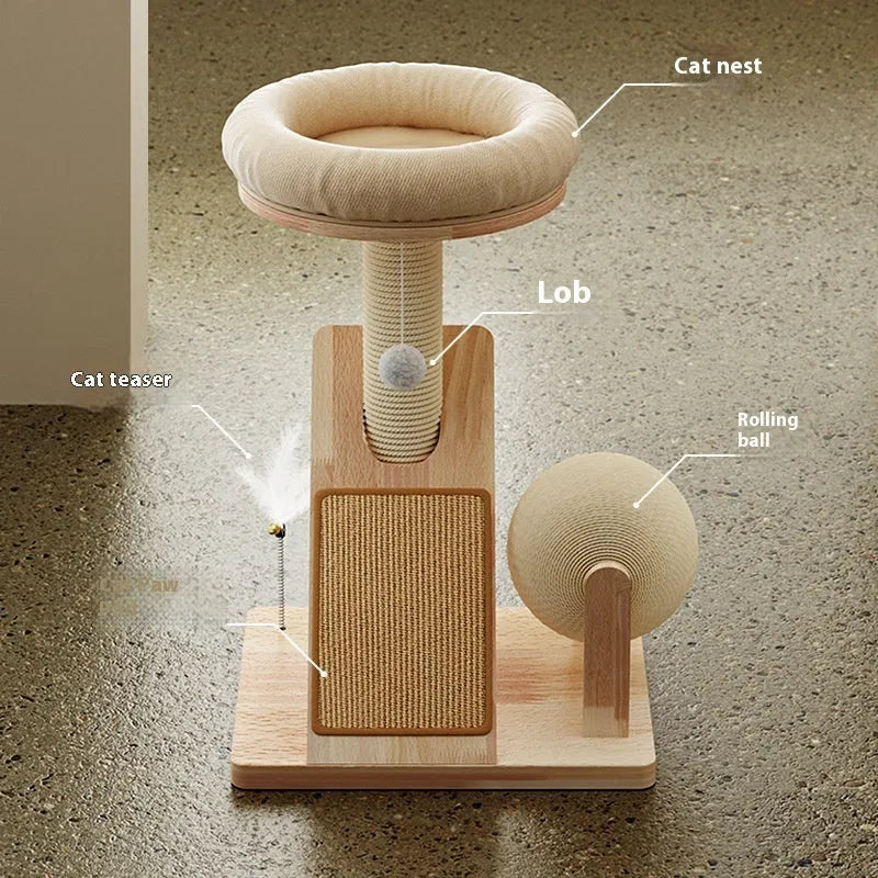 Jute-coloured cat climbing frame with sisal rope scratching surface and climbing structure