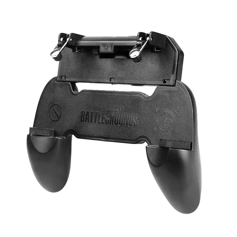 A black mobile phone plug-in gamepad handle attached to a smartphone.
