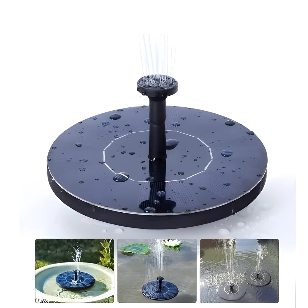 Black solar panel fountain pump with four nozzle heads for garden birdbaths and ponds.