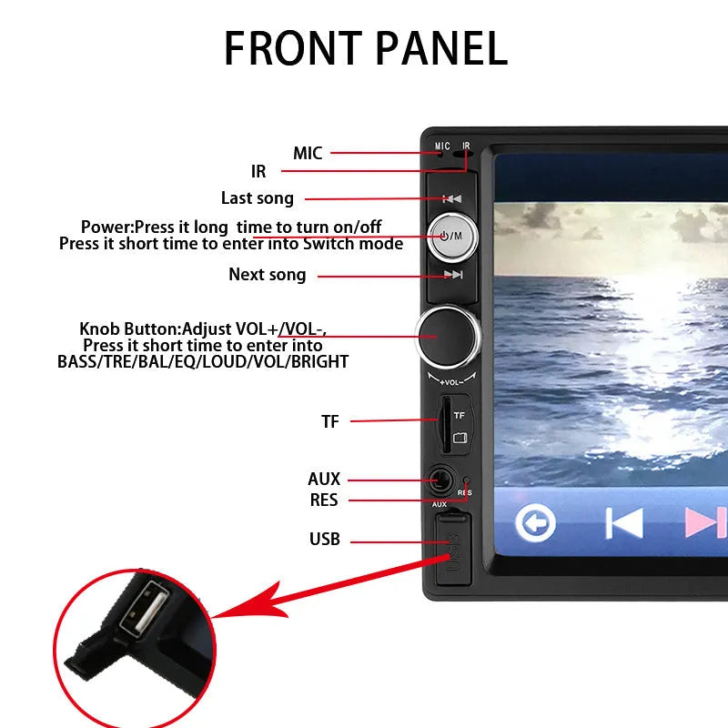 Car MP5 player with 7-inch LCD screen and black faceplate showing radio controls and colourful lights
