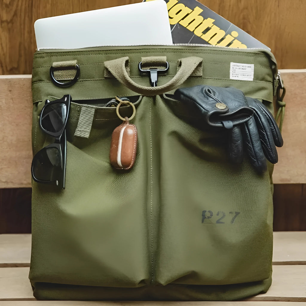Canvas crossbody messenger bag in retro style with shoulder strap, showing internal phone pocket and 15-inch laptop capacity