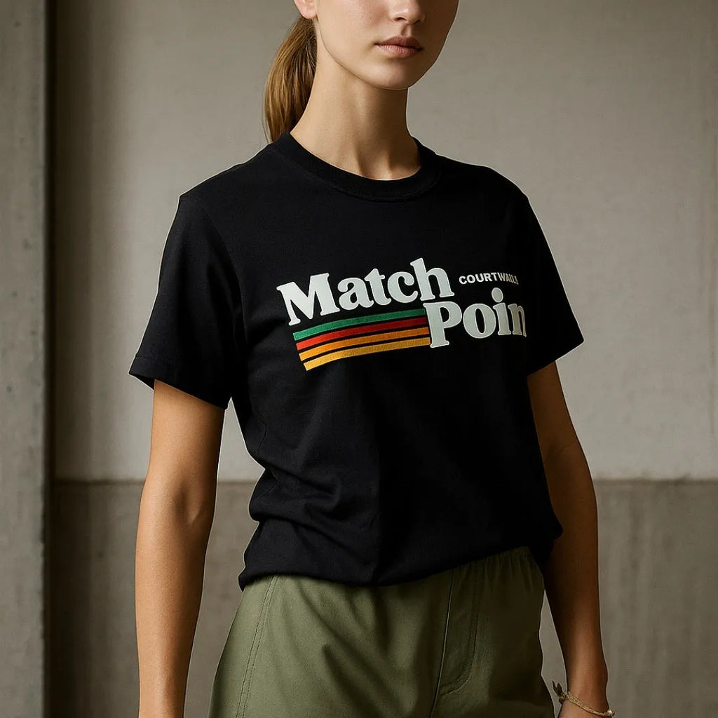Black men's T-shirt with a 3D digital printed text pattern on the front.