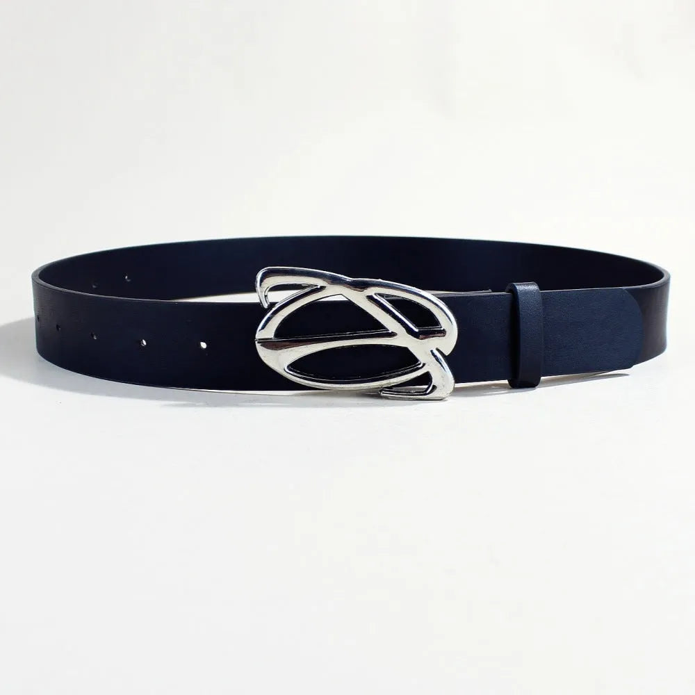 Men's casual silver buckle PU leather belt with snap button fastening.