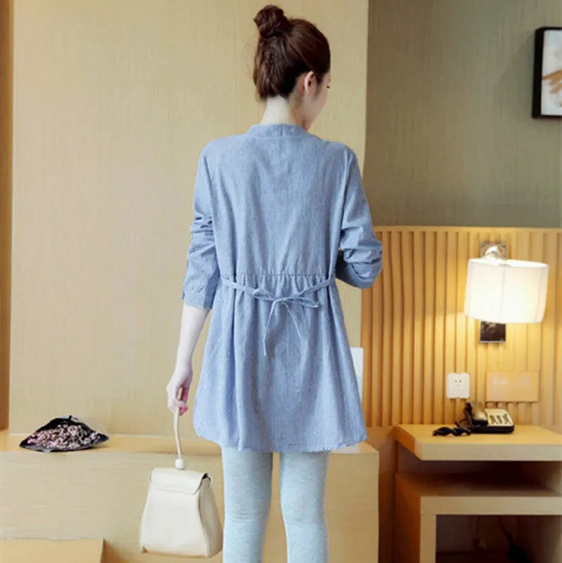 Striped maternity top with stand-up collar and long sleeves in sky blue or red, sizes M to 2XL