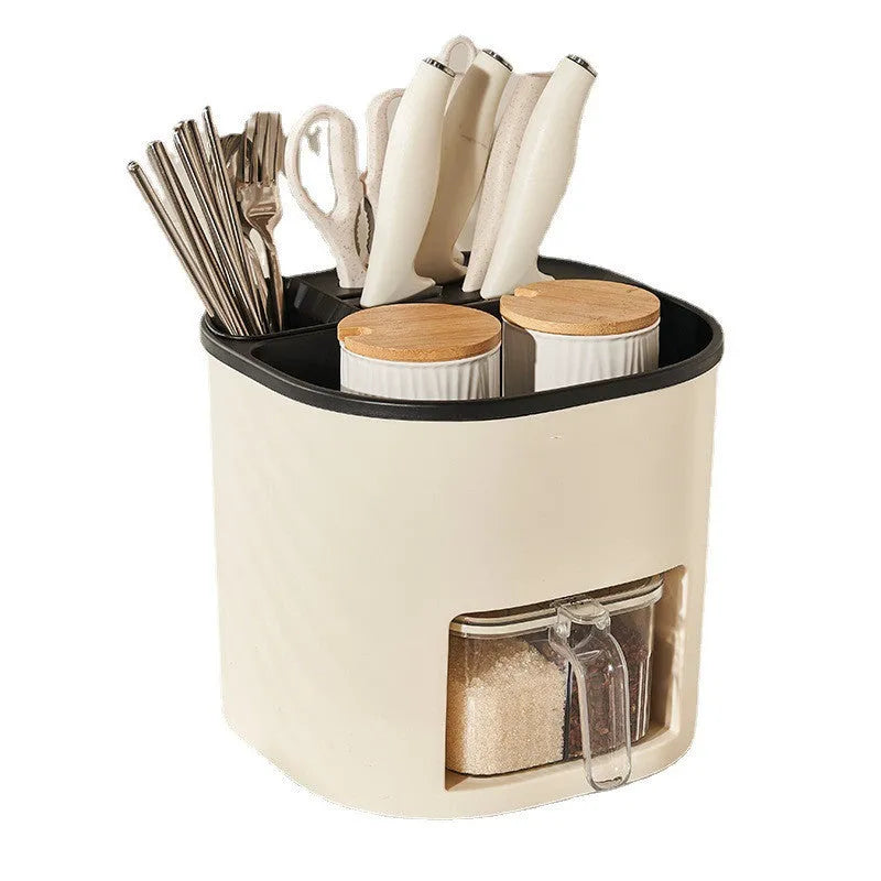 White rotating kitchen storage bucket with separate four-section spice box organiser on countertop.