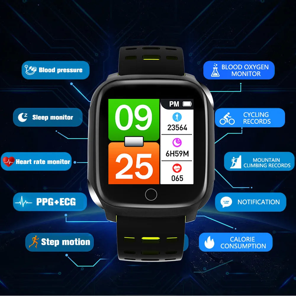 F16 smart watch with ECG monitor on a silicone wristband, showing black grey colour option.