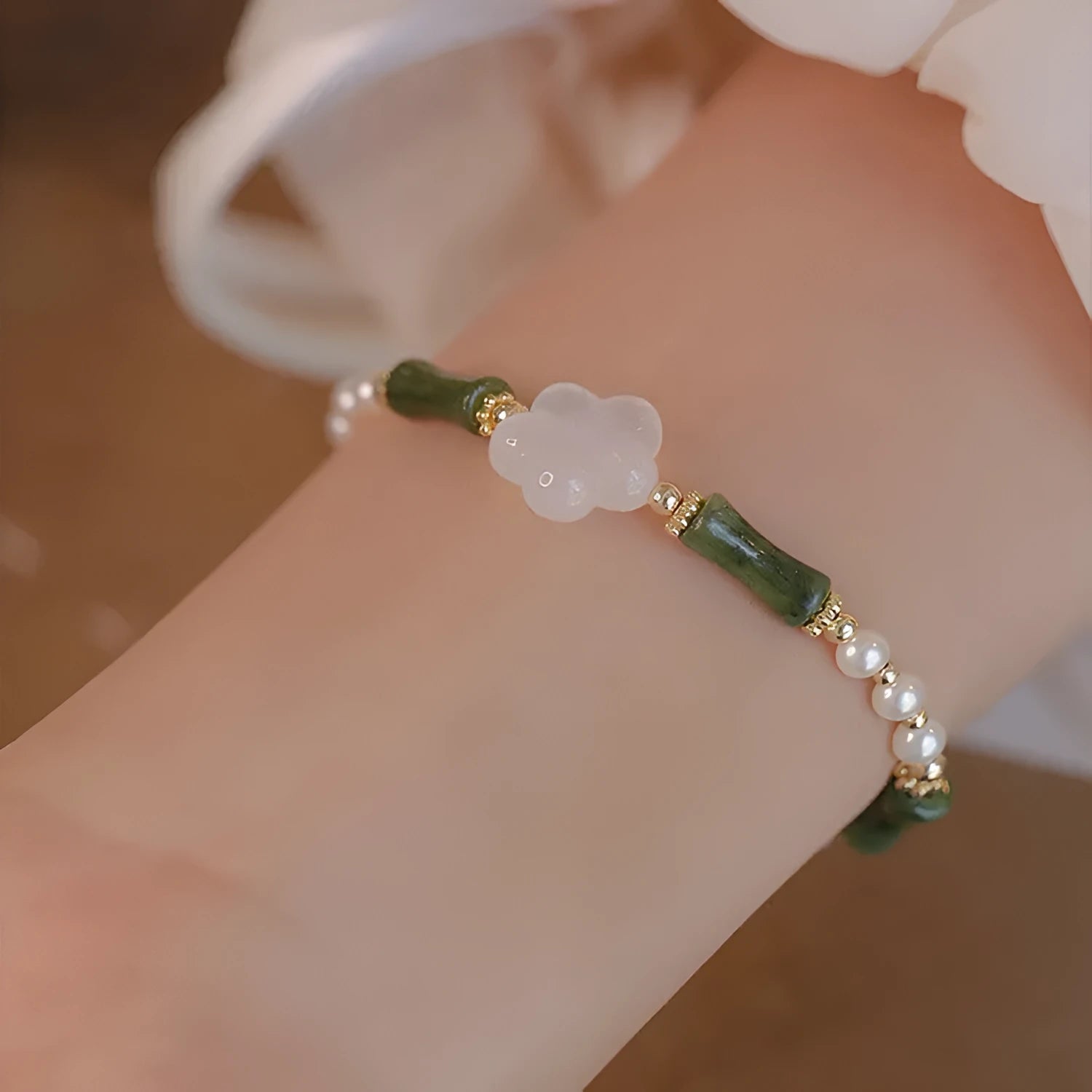 Chinese antique-style bamboo joint bracelet with Hetian jade and 4mm shell pearls on copper wire