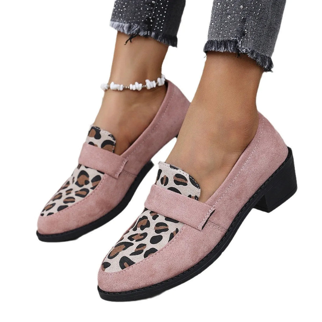 Leopard print suede slip-on shoe with chunky mid heel and pointed toe in pink colour