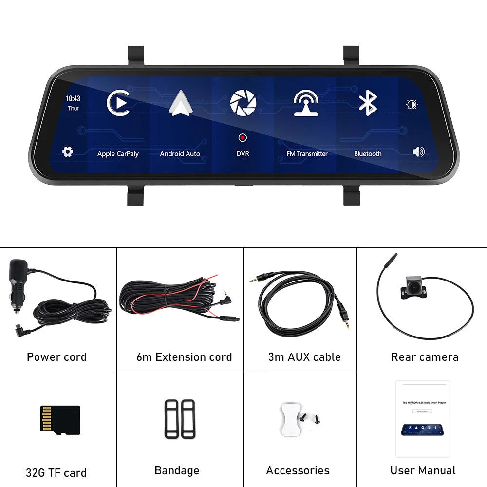 9.66-inch HD in-mirror driving recorder monitor with dash cam and waterproof rear view camera kit.