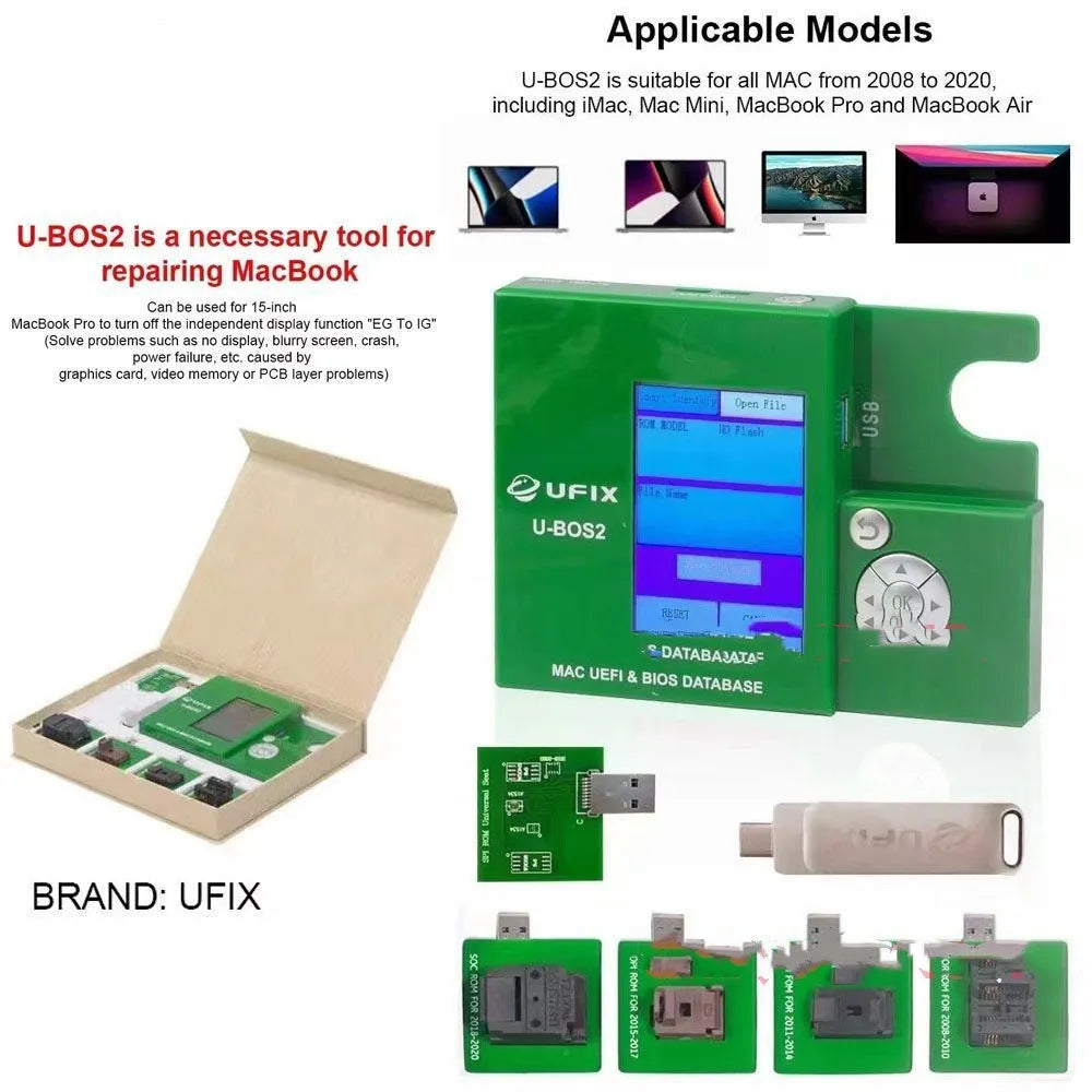 Ufix U-BOS2 green tool with LED screen, write sockets, universal board and USB flash drive for MacBook SPI ROM programming