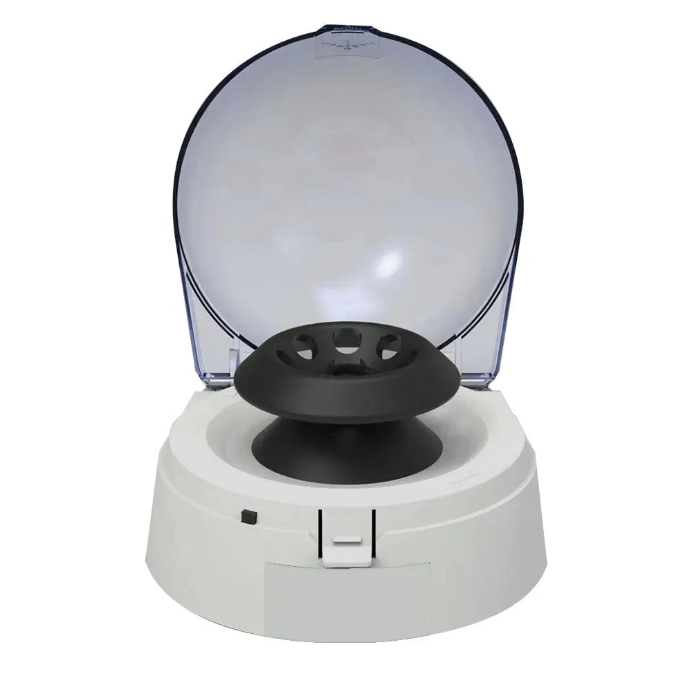 Mini laboratory centrifuge with compact benchtop design measuring 157 by 170 by 120 millimeters
