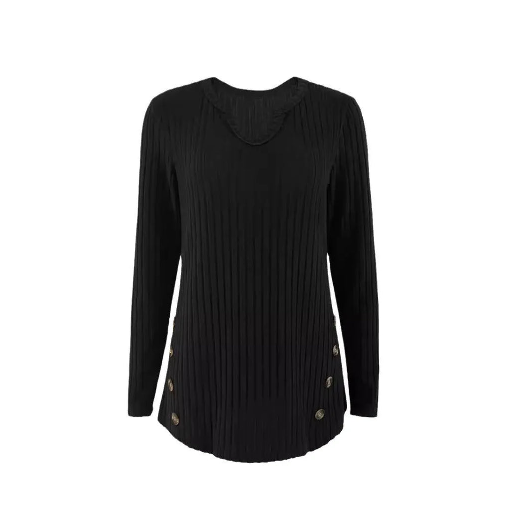 Simple solid colour knitted button sweater in black or grey green with regular sleeves