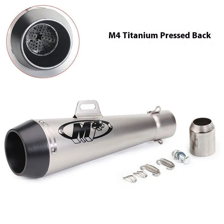 Universal M4 motorcycle exhaust pipe in various finish options including black, titanium, and blue.