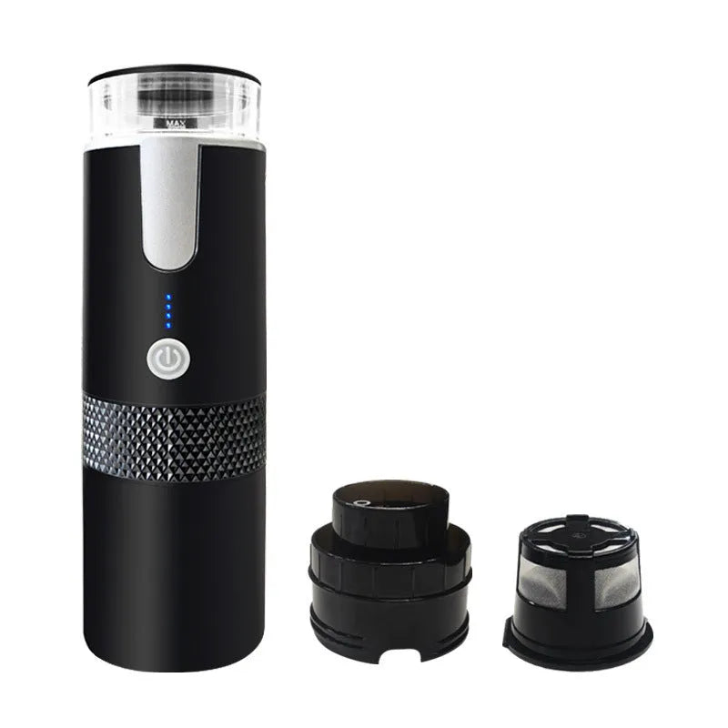 Black portable wireless electric coffee maker, 170ml tank, 1200mAh battery, USB charging, H245mm x 76mm