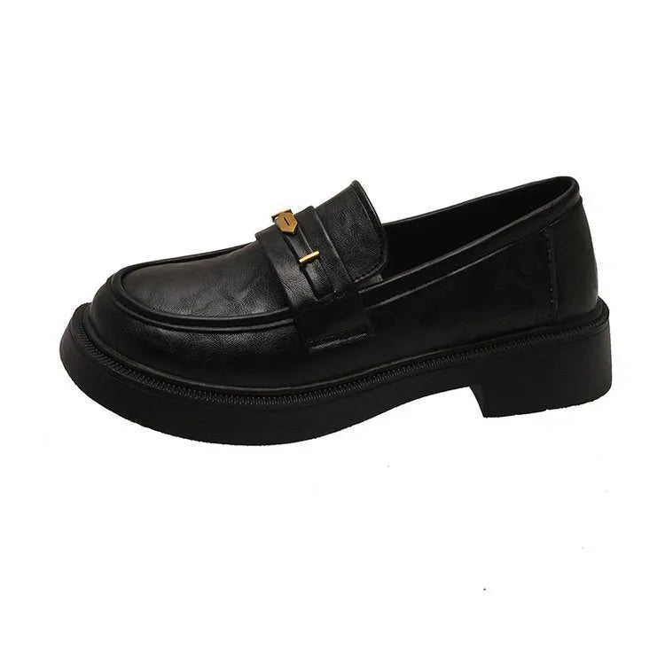 Women's all-match metal commuter soft bottom low top small leather shoes in black with round toe and mid heel