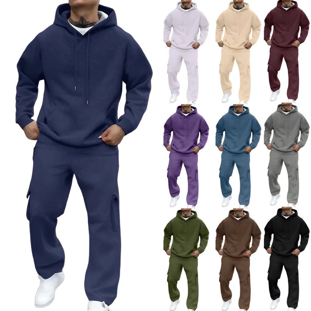 Men's hooded pullover suit set in dark blue including sweatshirt and joggers for winter casual wear