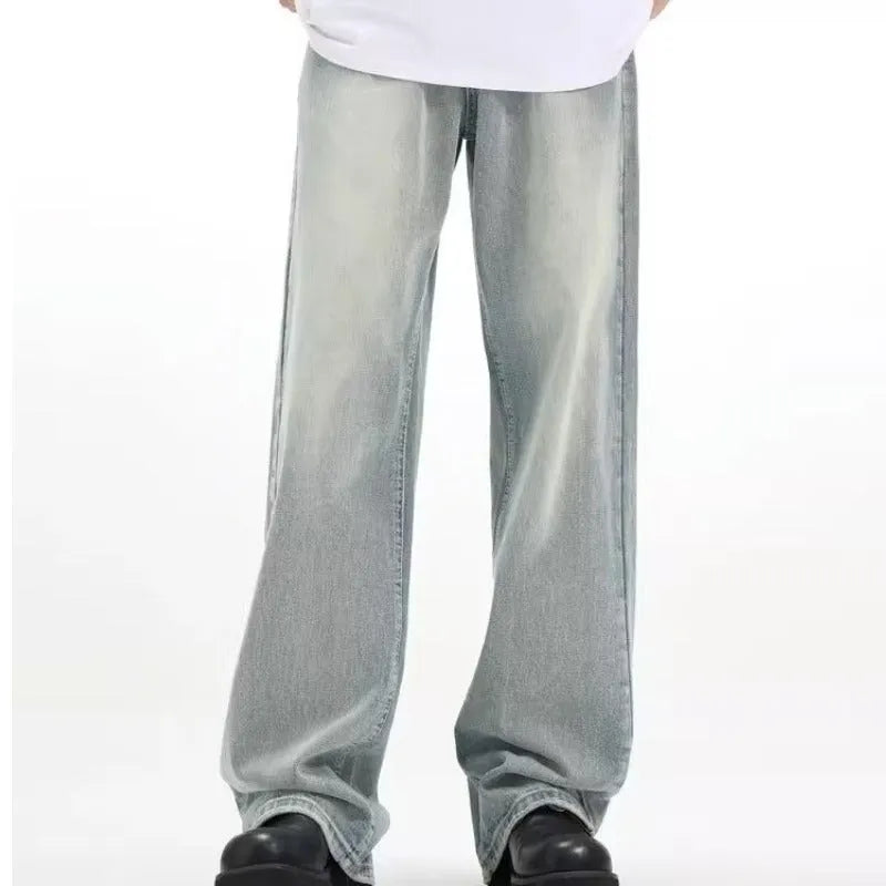 Blue loose-fit retro casual trousers with an elasticated waistband on a neutral background.