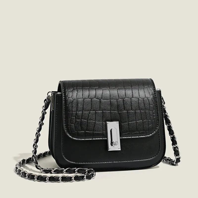 Women's soft black PU leather chain shoulder bag with a square shape and sandwich pocket.