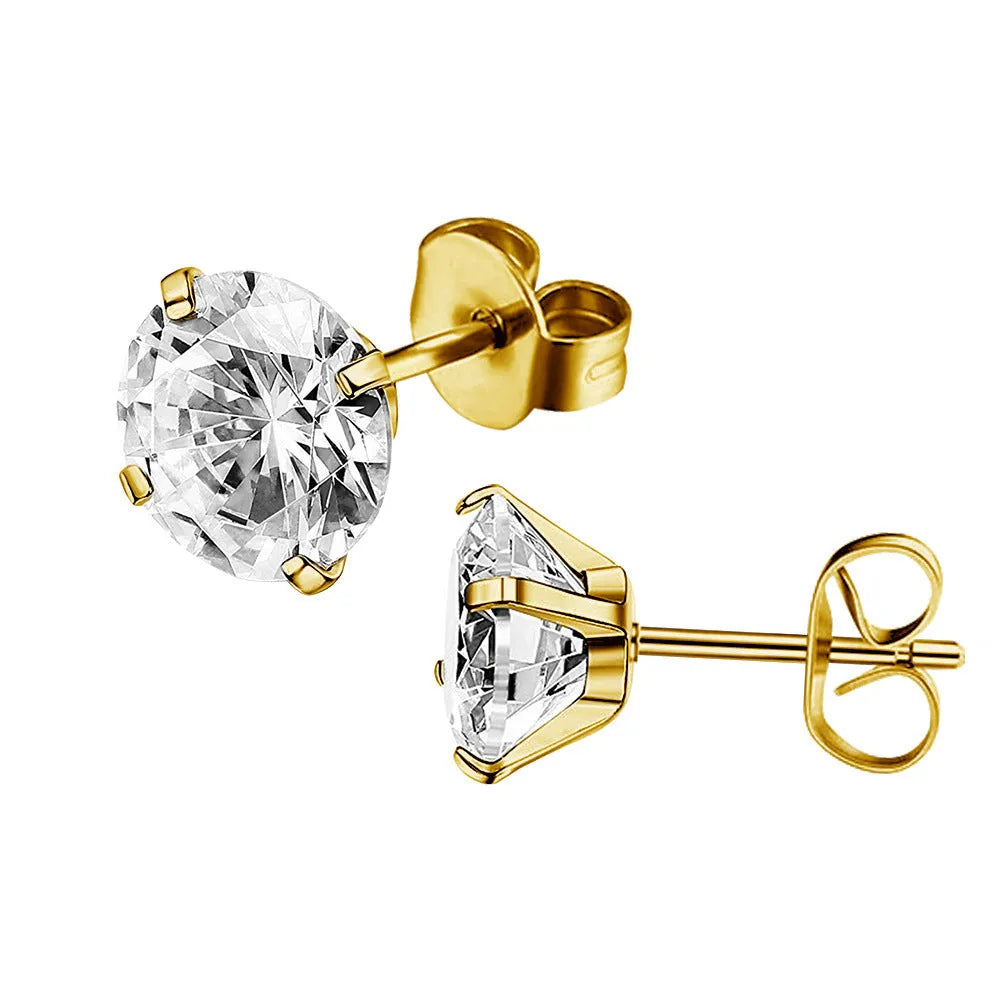 Simple geometric zircon stud earrings in stainless steel with gold or steel colour finish, showing size range from 2mm to 8mm.
