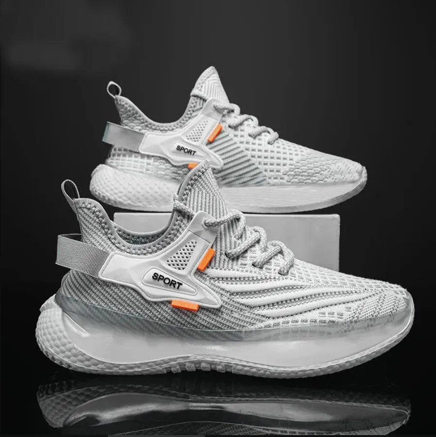 Men's white mesh platform sneakers with flat rubber soles and front lace-up closure