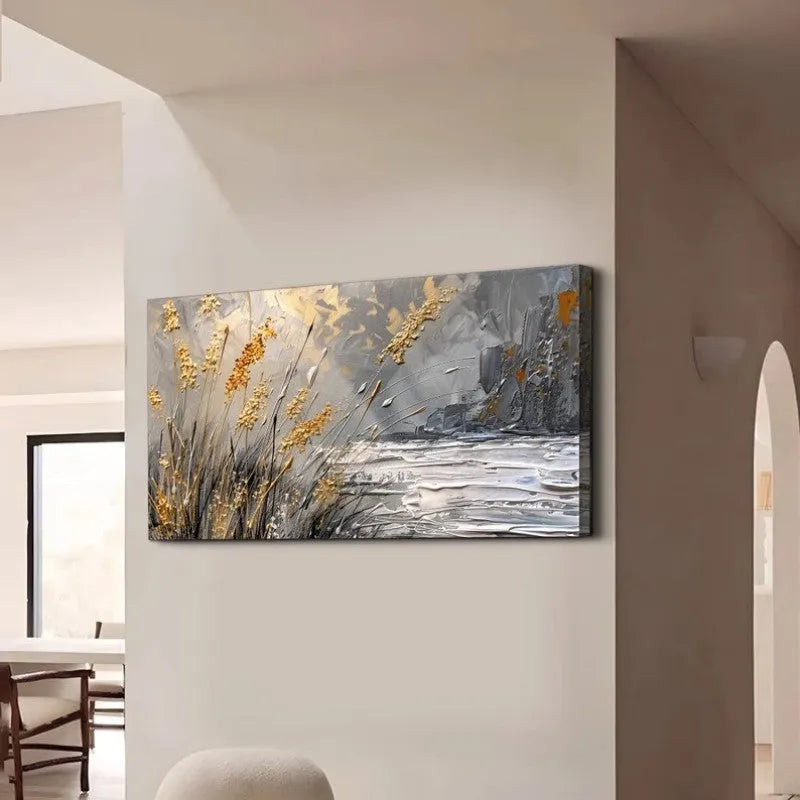 Hand painted abstract landscape oil painting of lake reed beds on canvas, horizontal modern style