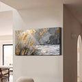 Hand painted abstract landscape oil painting of lake reed beds on canvas, horizontal modern style