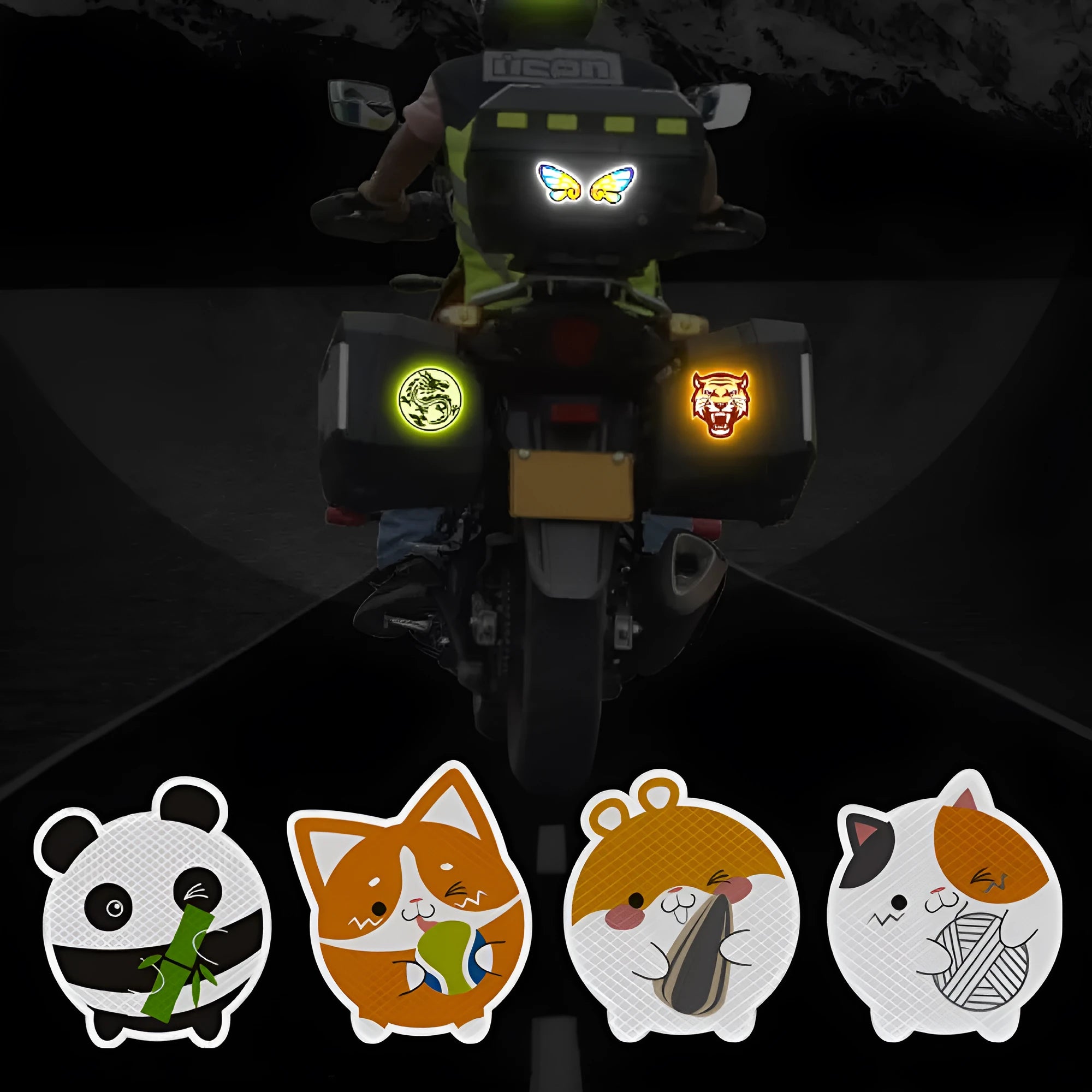 A pair of diamond-grade reflective safety stickers for vehicles, showing sample designs like a smiling cat or tiger.