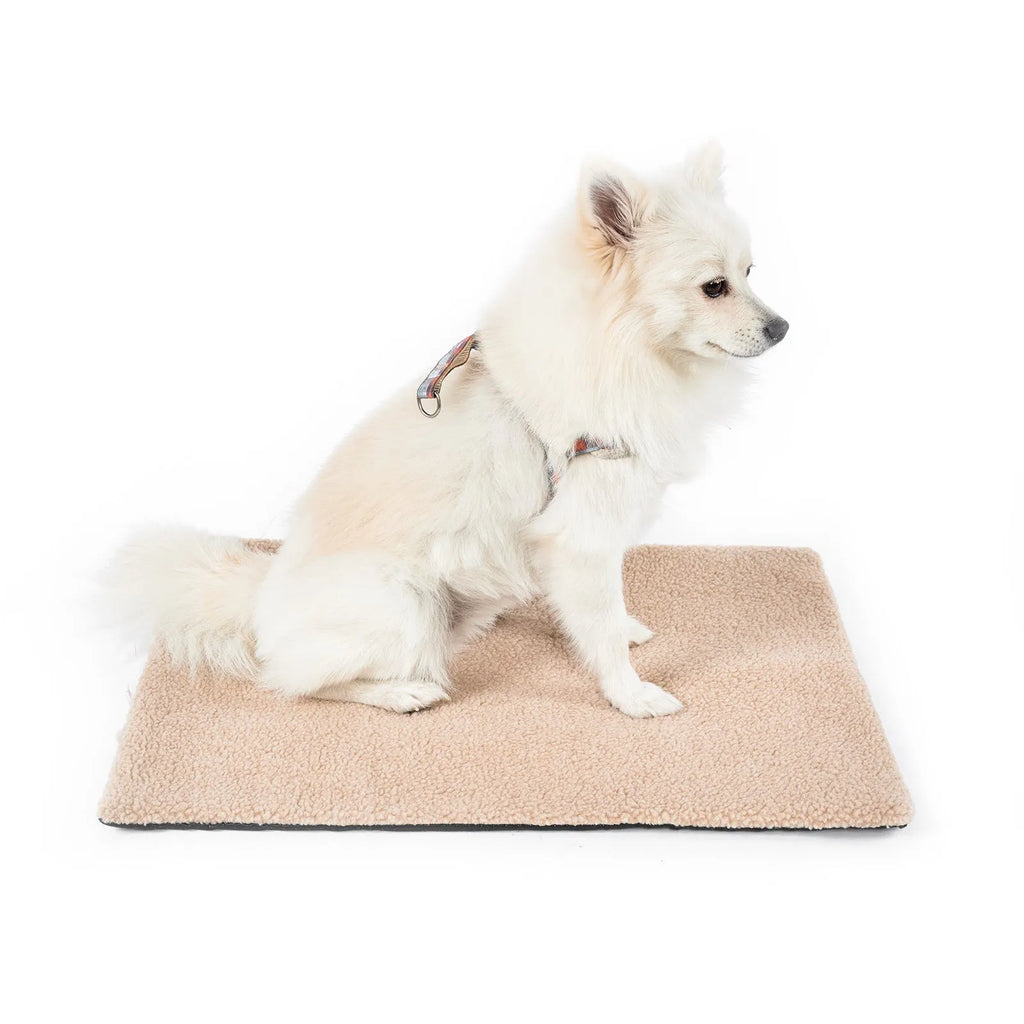 Grey self-heating plush pet pad for cats on a wooden floor