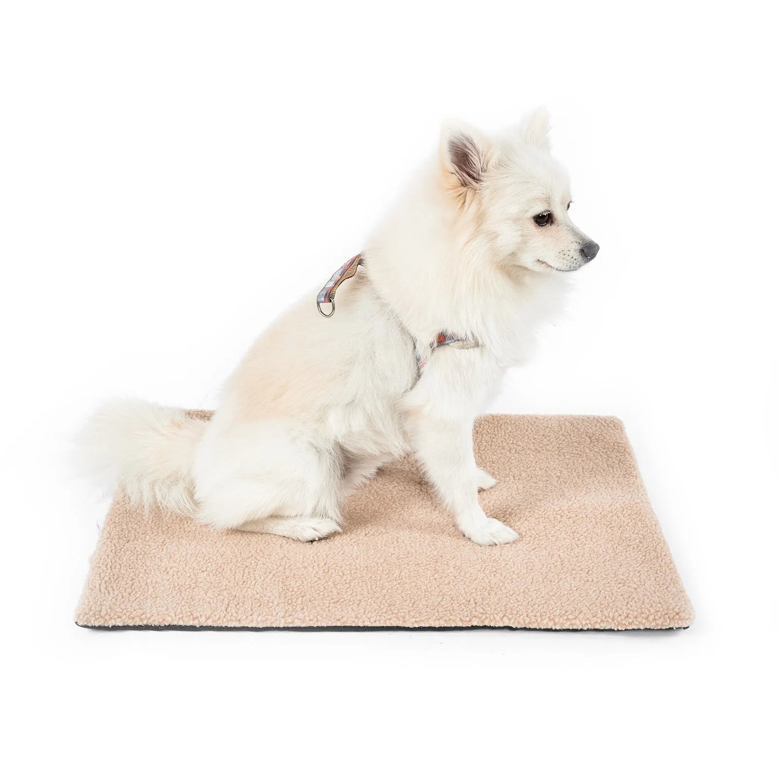 Grey self-heating plush pet pad for cats on a wooden floor