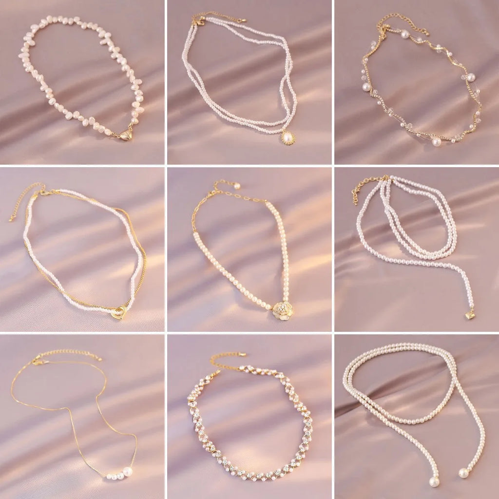 Female vintage retro imitation pearl necklace with geometric shape, adjustable 21-50cm perimeter, available in multiple colours