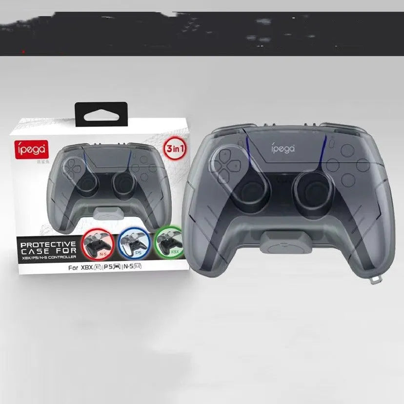 Transparent grey hard plastic game controller protective storage case.
