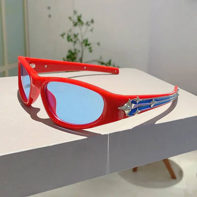 Polycarbonate windproof sunglasses in multiple colour options including black frame with blue lens.