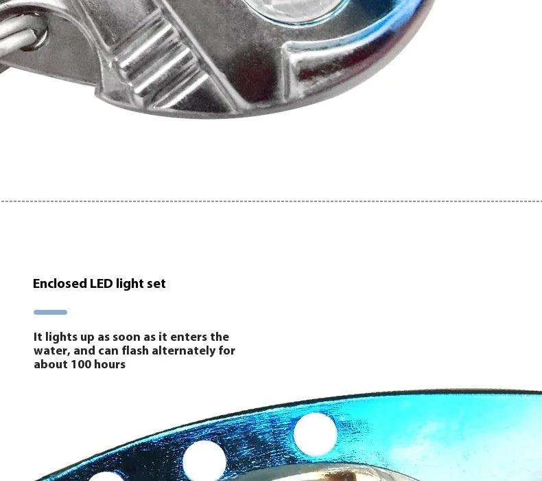 Electronic luminous metal vib fishing lure showing blue body and red body colour options