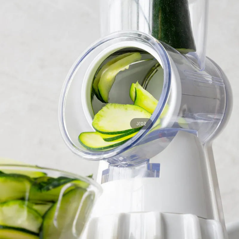White 3-in-1 vegetable slicer manual kitchen gadget with suction feet and stainless steel blades
