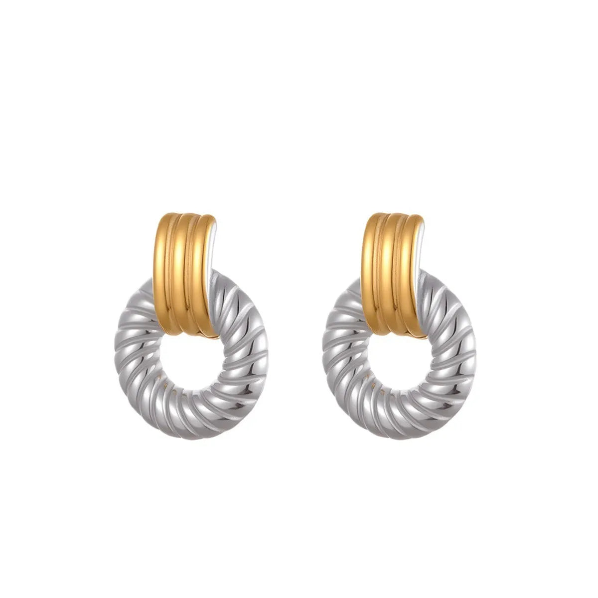 Stainless steel geometric earrings for women with 18K electroplated gold and silver colour matching round ring line design
