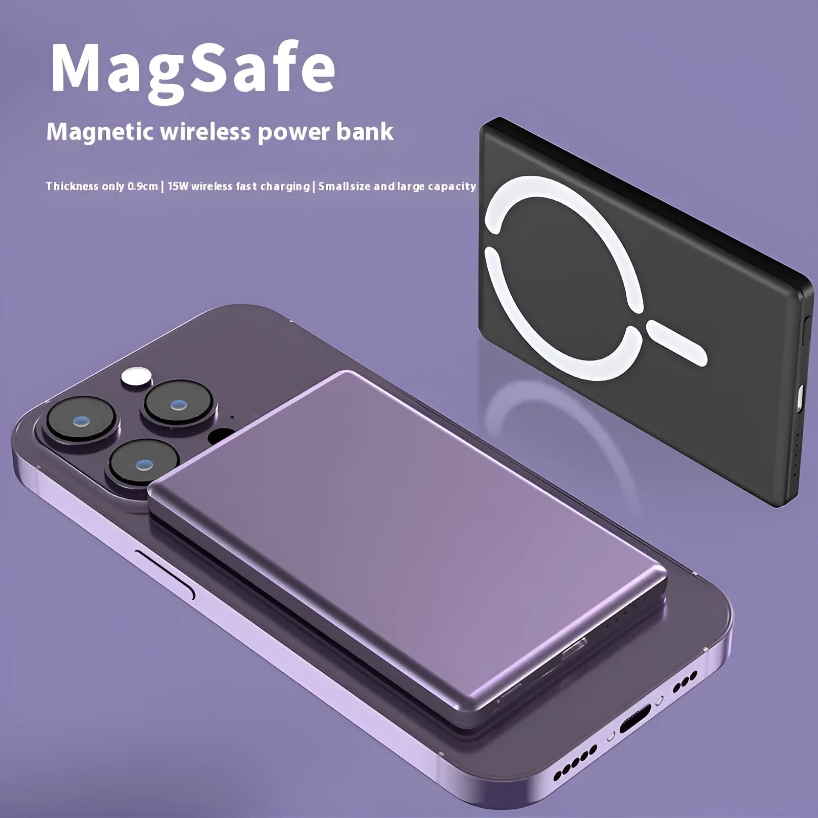 Ultra-thin magnetic power bank with alloy shell in black, silver, dark gray or violet