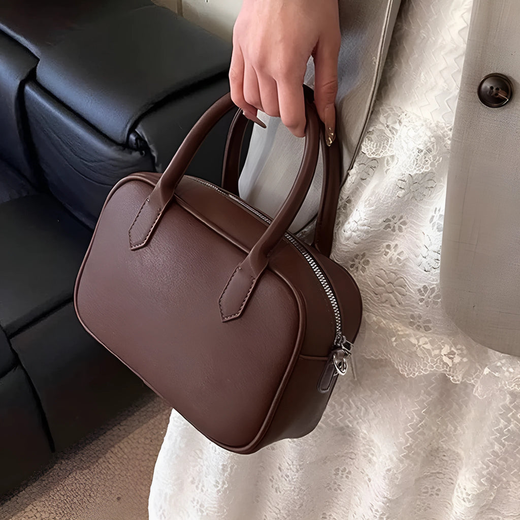 Retro style small square shoulder messenger bag in black PU leather with adjustable strap