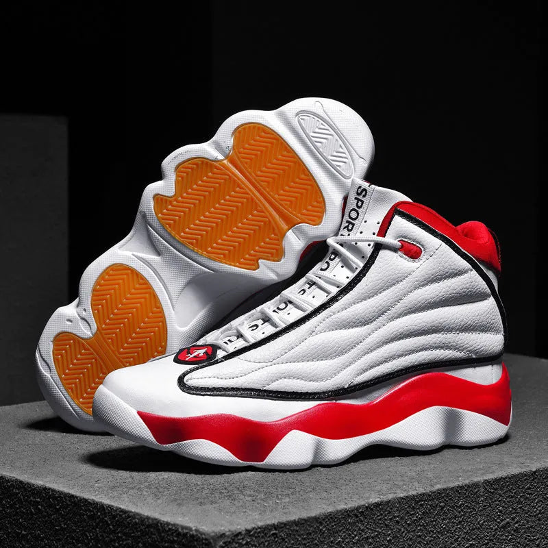 Men's high-top basketball shoes in AJ13 white red colourway with thick rubber sole and mesh upper.