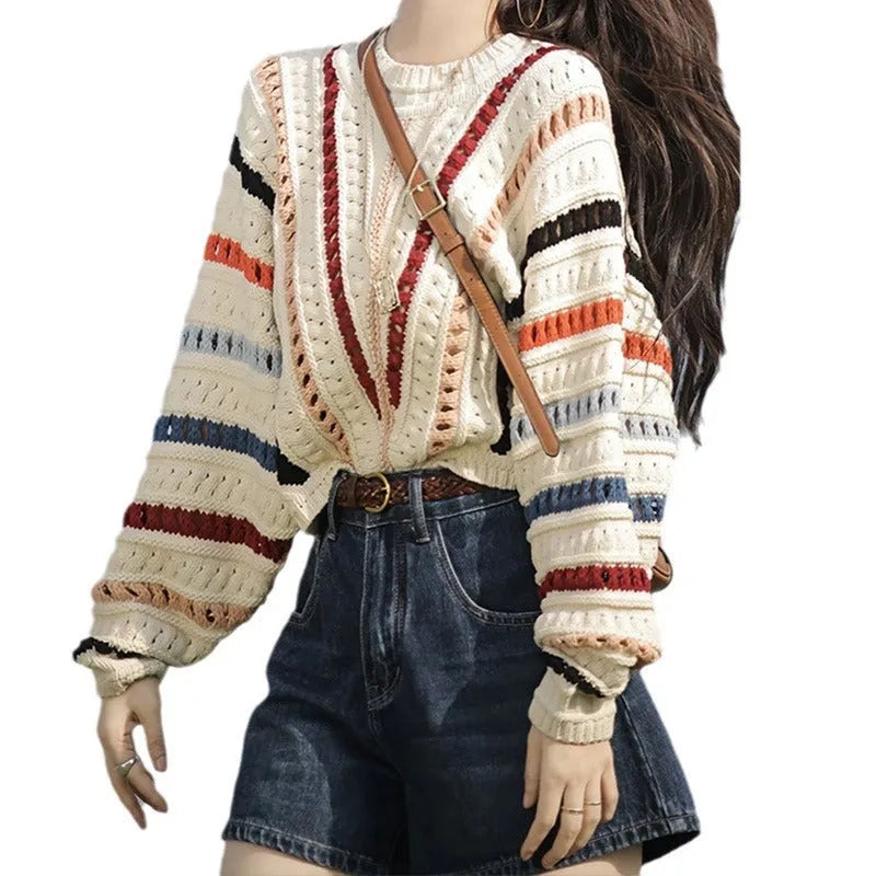 Women's rainbow striped loose sweater with batwing sleeves and hollow knit pattern