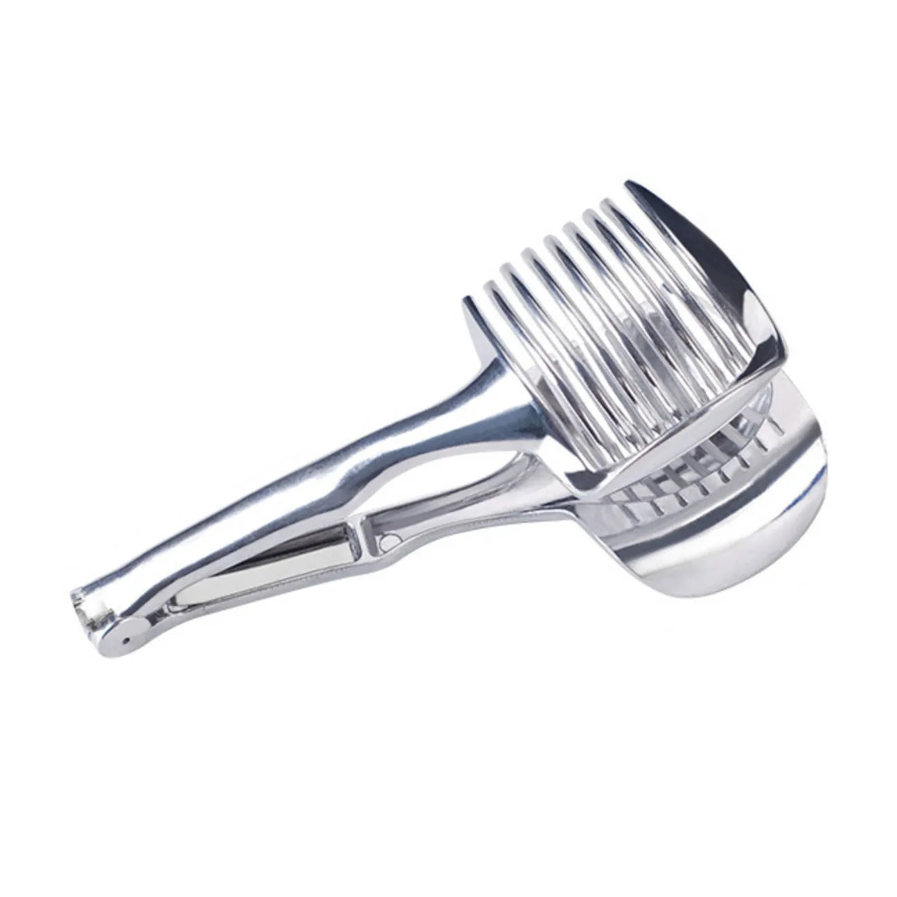 Silver plastic foldable lemon and fruit slicer kitchen gadget shown open for use