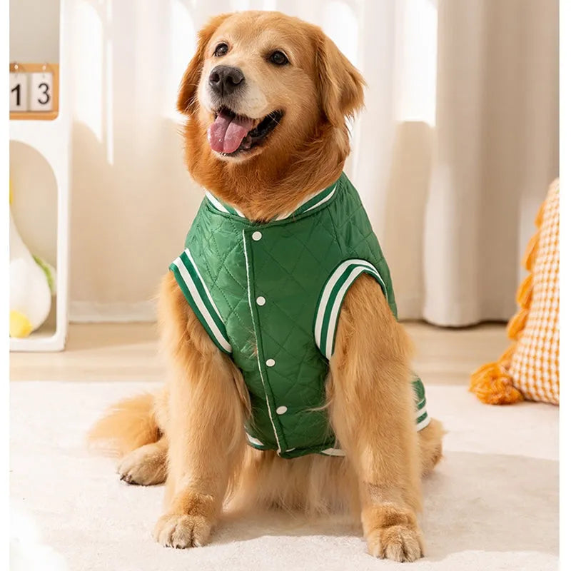 Quilted cotton brown pet vest for large dogs with Lucky Dog embroidery and leash ring